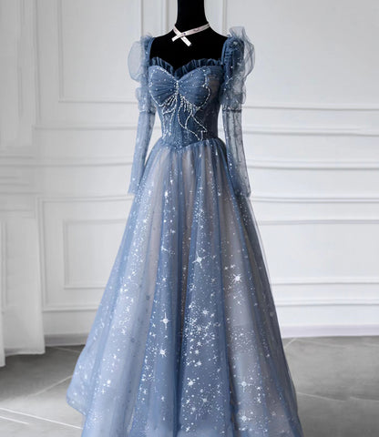 Robe de soirée longue en tulle bleu avec perles Robe de soirée trapèze 10402