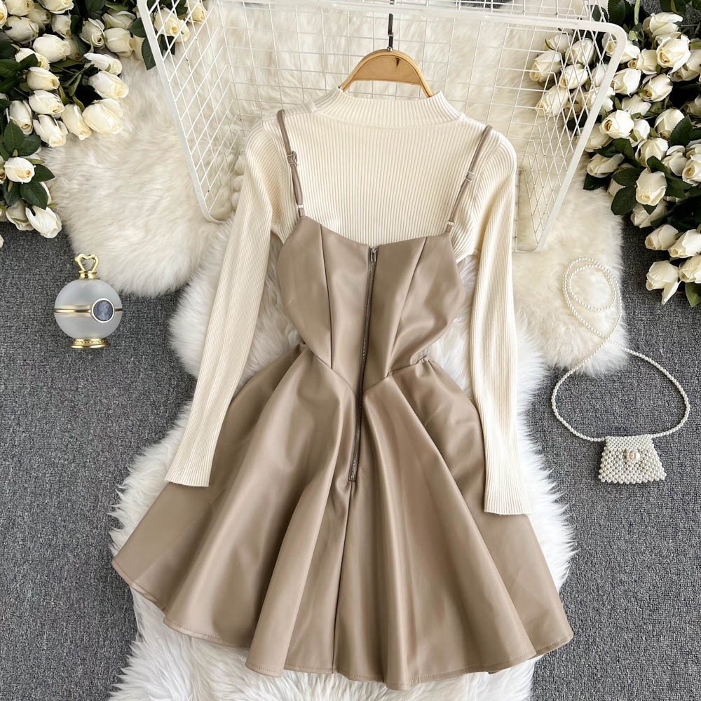 Pull tricoté à la mode + robe trapèze en cuir PU Robe tendance 10885