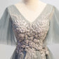 Gray tulle lace short prom dress high low evening dress  8555