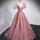 Pink tulle sequins long prom dress pink evening gown  10158