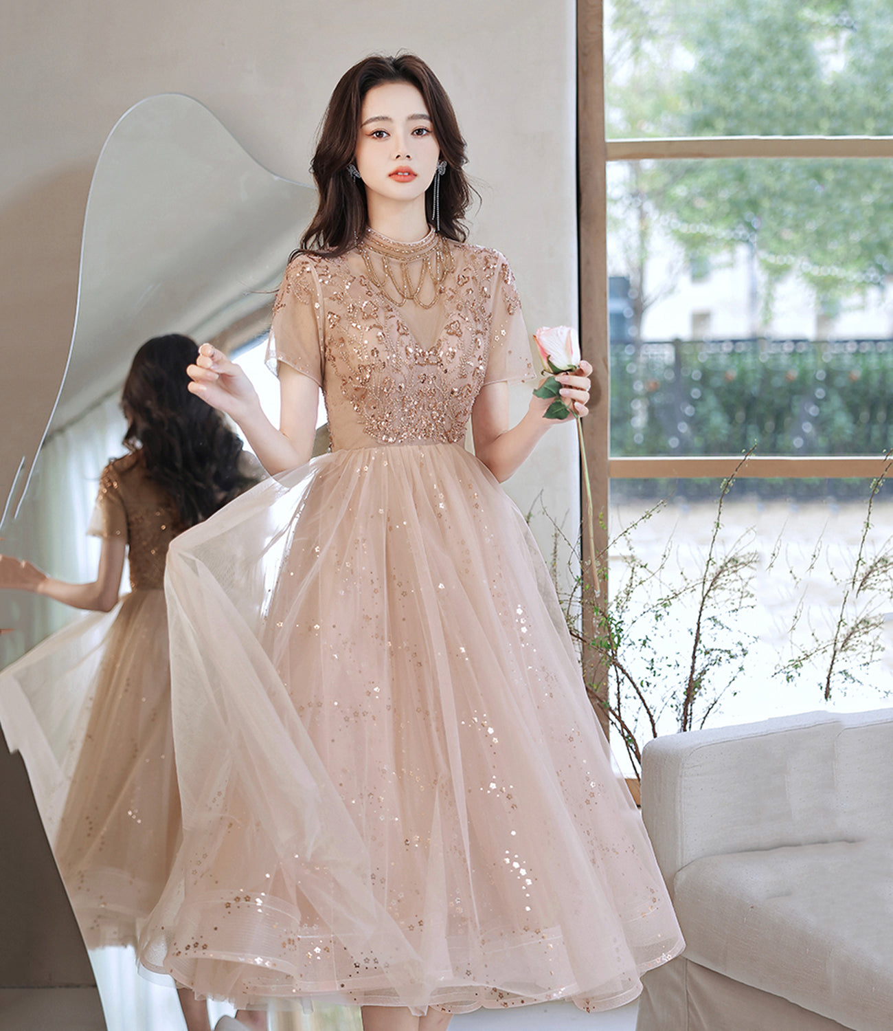 Süßes Tüll Perlen kurzes Ballkleid A-Linie Partykleid 10519
