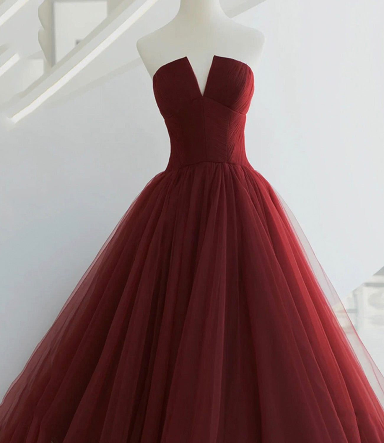 Burgundy tulle long prom dress A line evening gown  10563