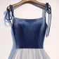 Blue velvet tulle long prom dress blue evening dress  8585