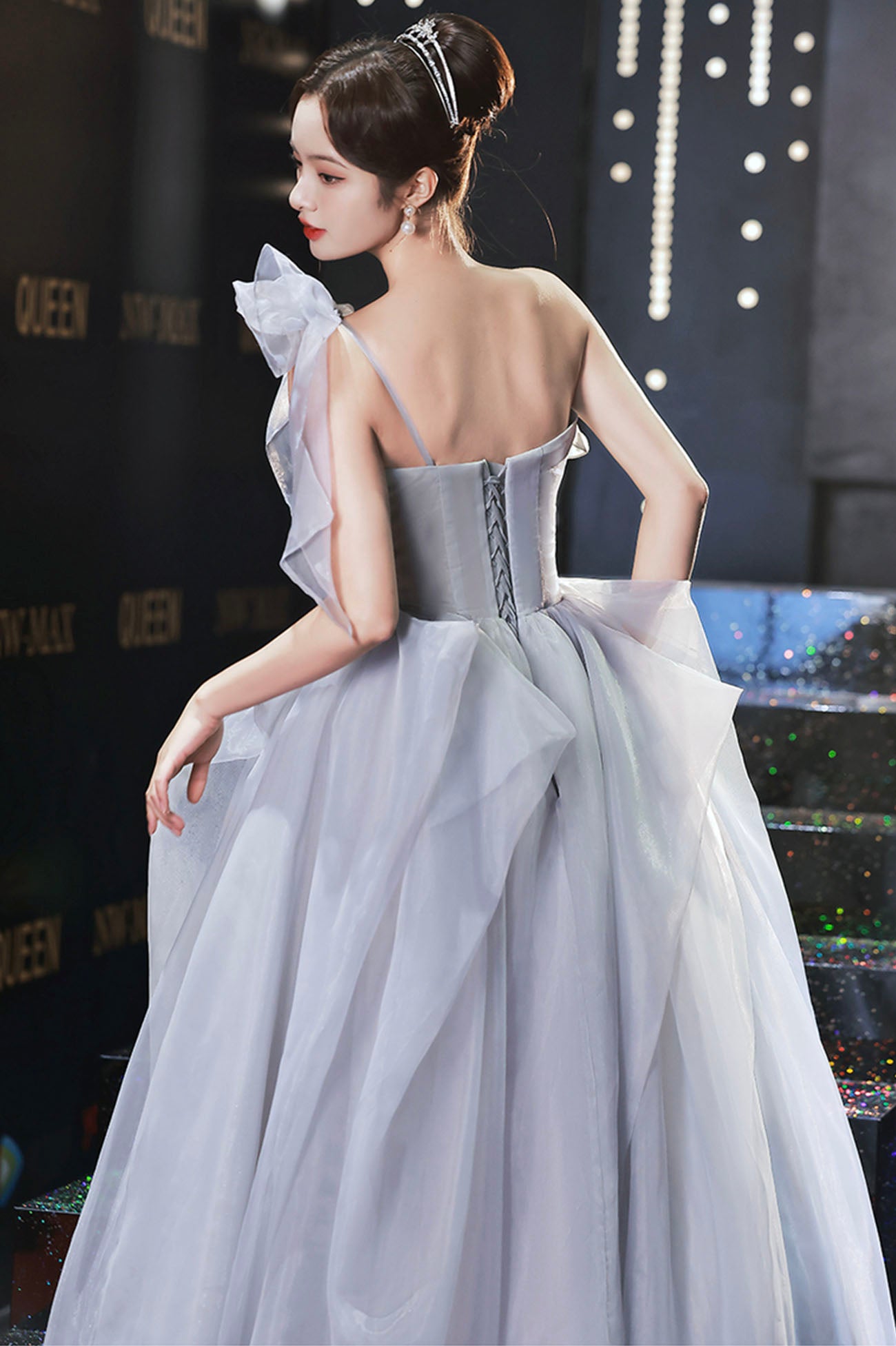Gray tulle long A line prom dress gray evening dress  10625