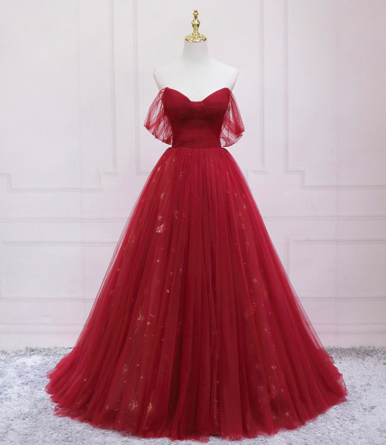 Langes Ballkleid aus rotem Tüll mit Pailletten A-Linie Abendkleid 10569