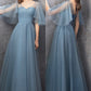 Blue tulle long A line prom dress blue evening dress  10588