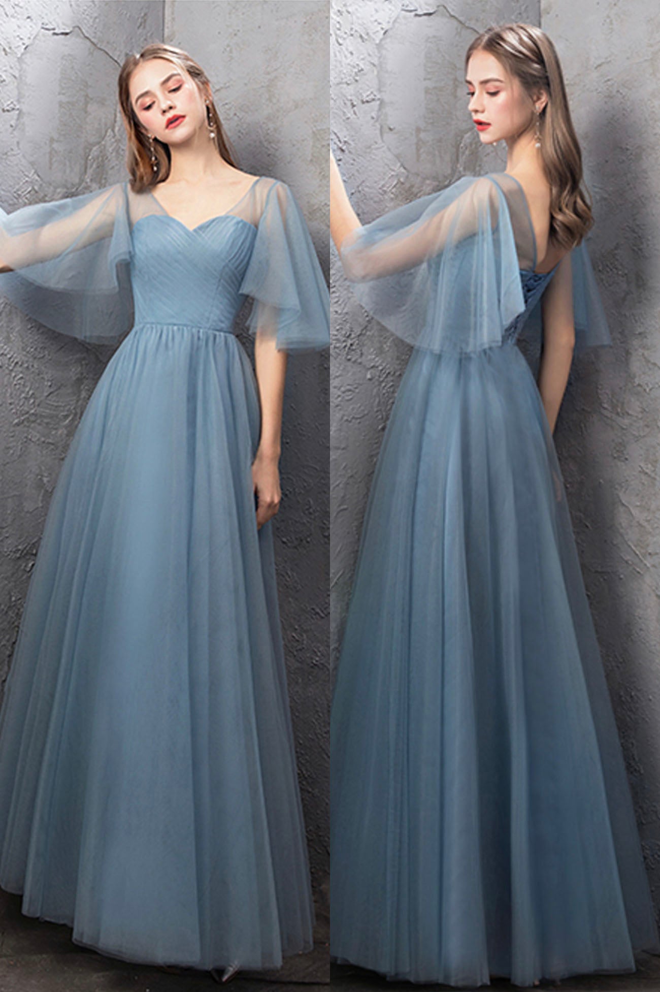 Blue tulle long A line prom dress blue evening dress  10588