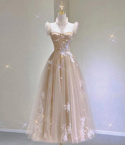 Robe de soirée en tulle et dentelle champagne longueur thé 10313