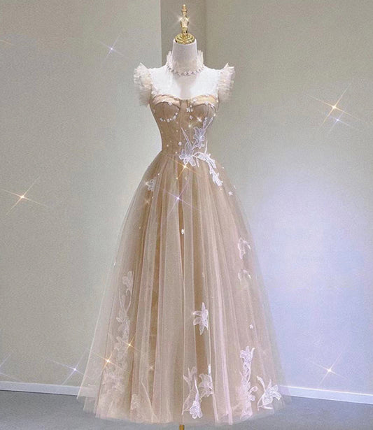 Champagne tulle lace tea length prom dress evening dress  10313