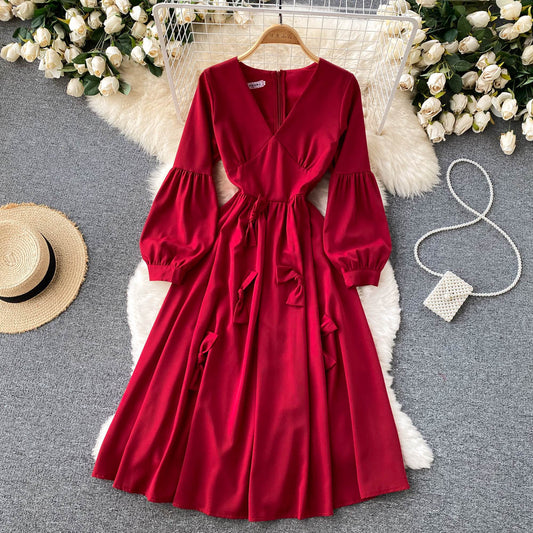Süßes Langarmkleid mit V-Ausschnitt A-Linie Modekleid 10850