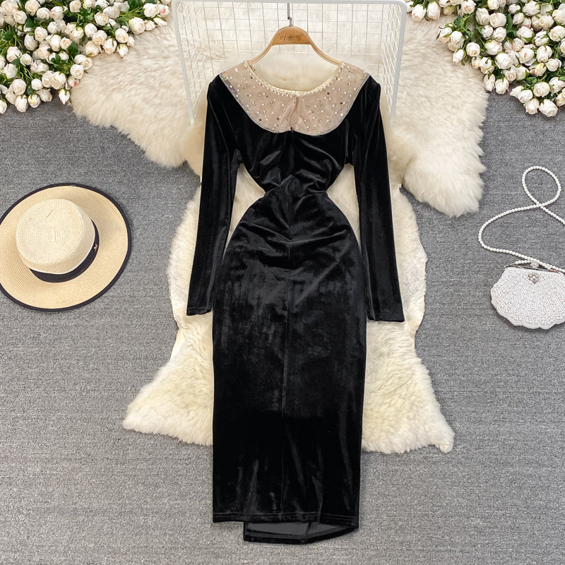 Schwarzes Samtkleid mit langen Ärmeln Modekleid 10929