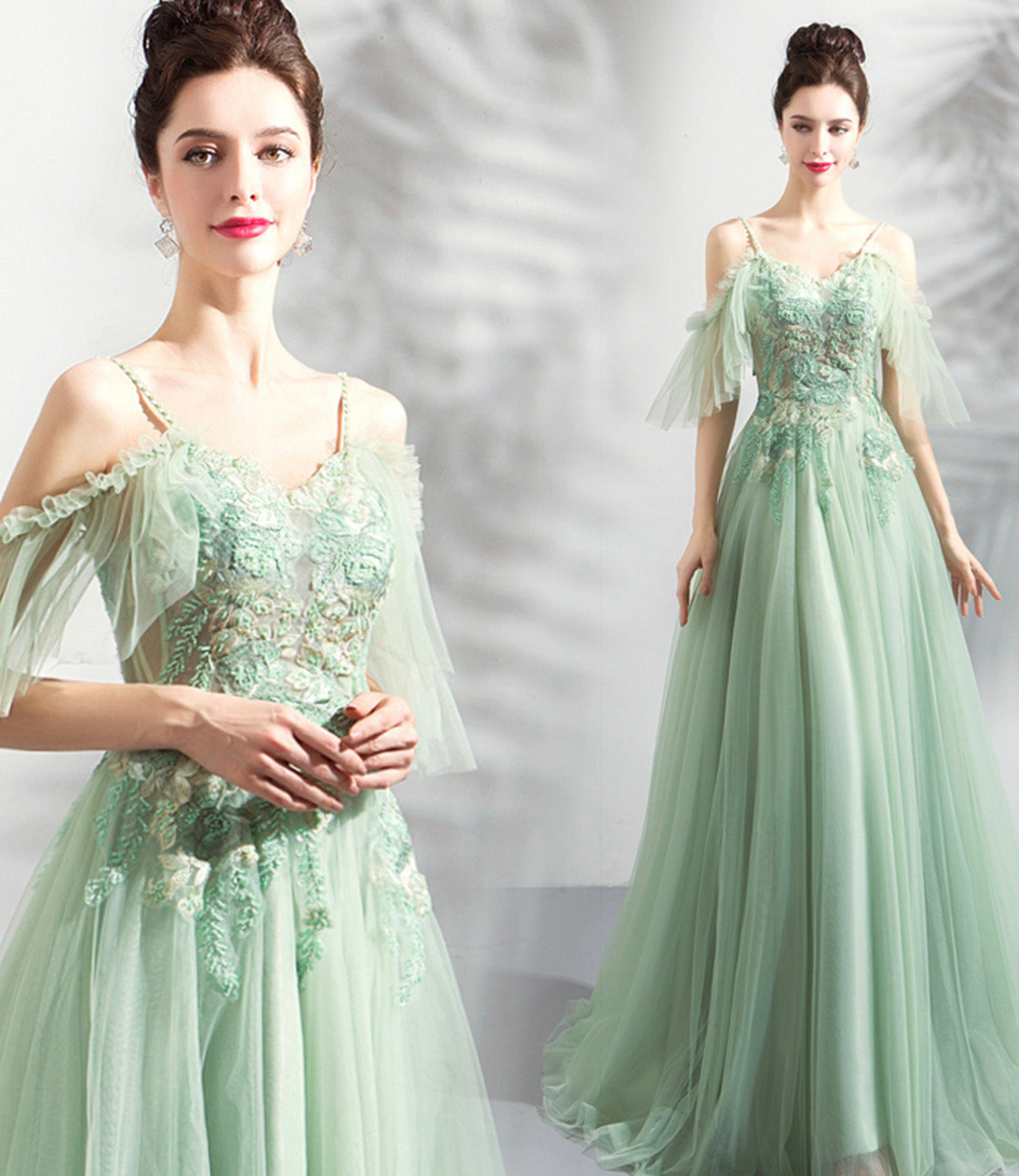 Grünes langes Ballkleid aus Tüllspitze Abendkleid in A-Linie 10575