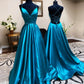 Blue satin long prom dress simple evening dress  8445