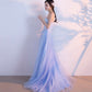 Robe de soirée longue en tulle bleu et dentelle 10211