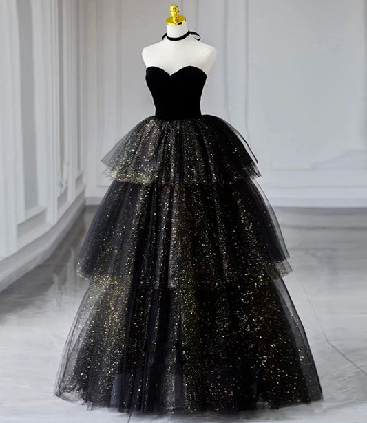 Langes Ballkleid aus schwarzem Samt-Tüll schwarzes formelles Kleid 10432