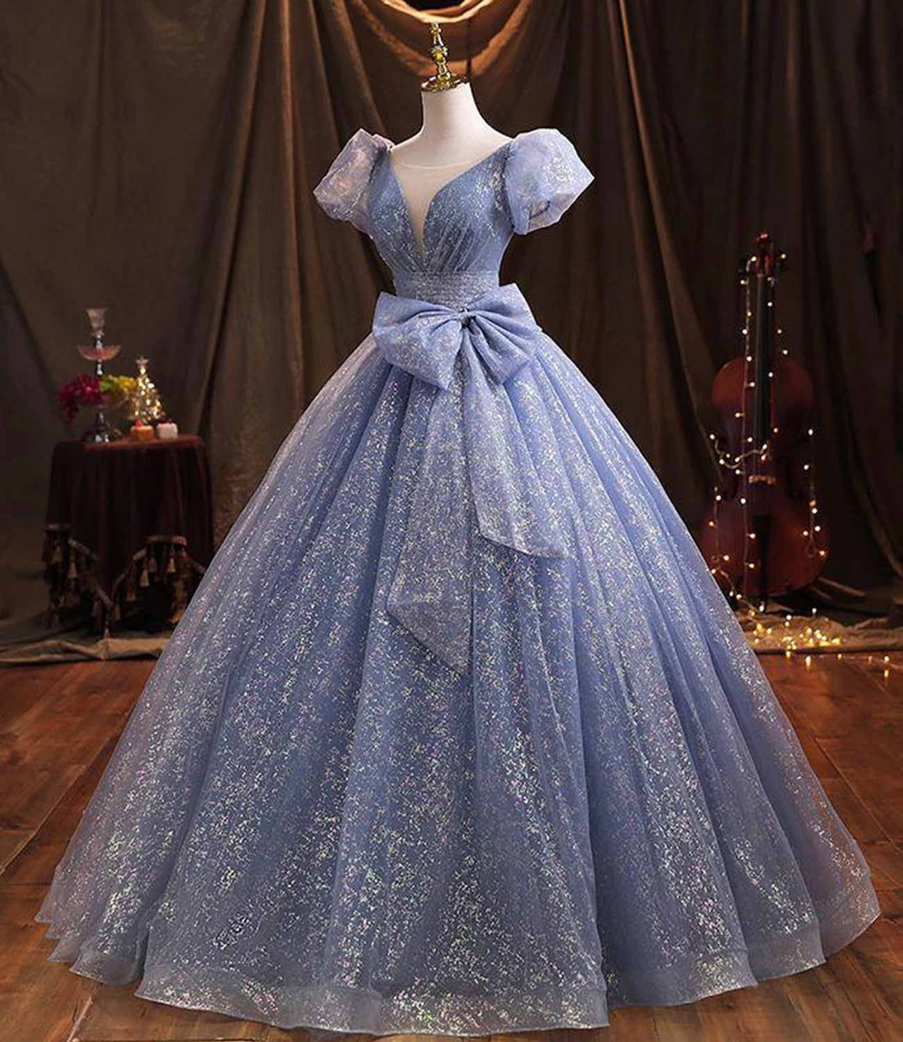 Robe de soirée longue en tulle bleu Robe de soirée trapèze 10229