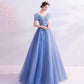 Robe de bal longue en tulle bleu et dentelle Robe de soirée trapèze 10455