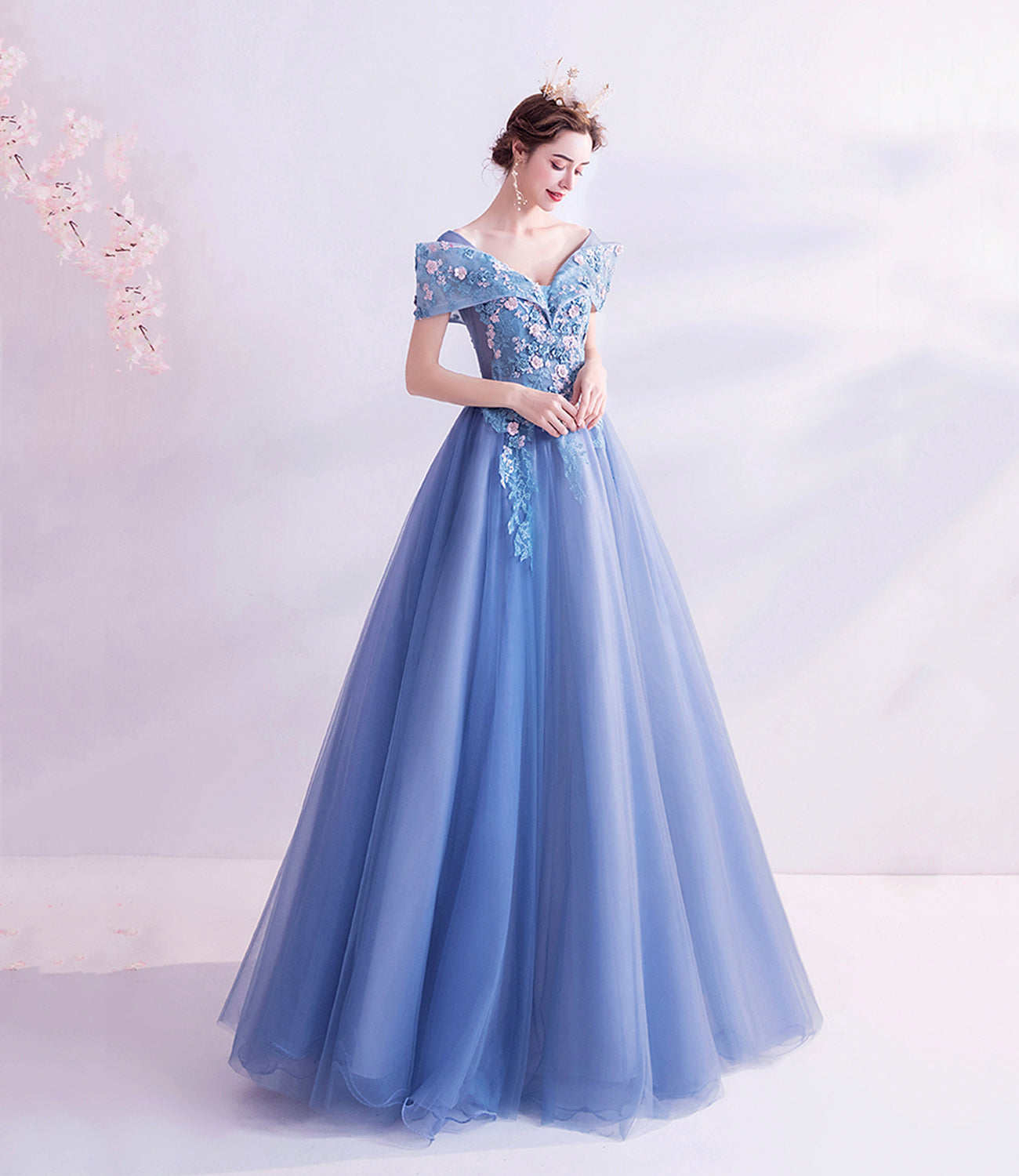 Robe de bal longue en tulle bleu et dentelle Robe de soirée trapèze 10455