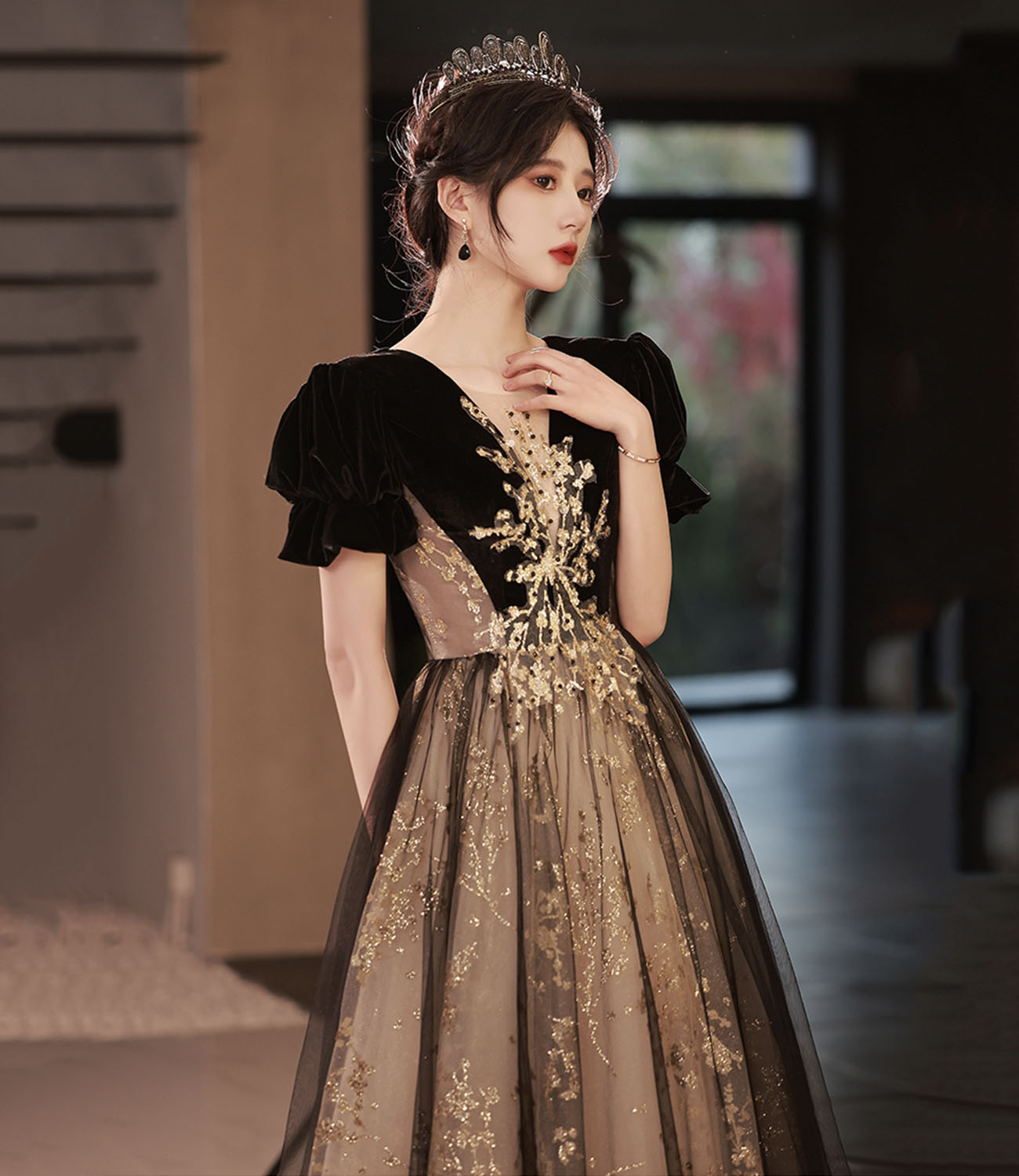 Langes Ballkleid aus schwarzem Tüll mit Pailletten A-Linie Abendkleid 10441
