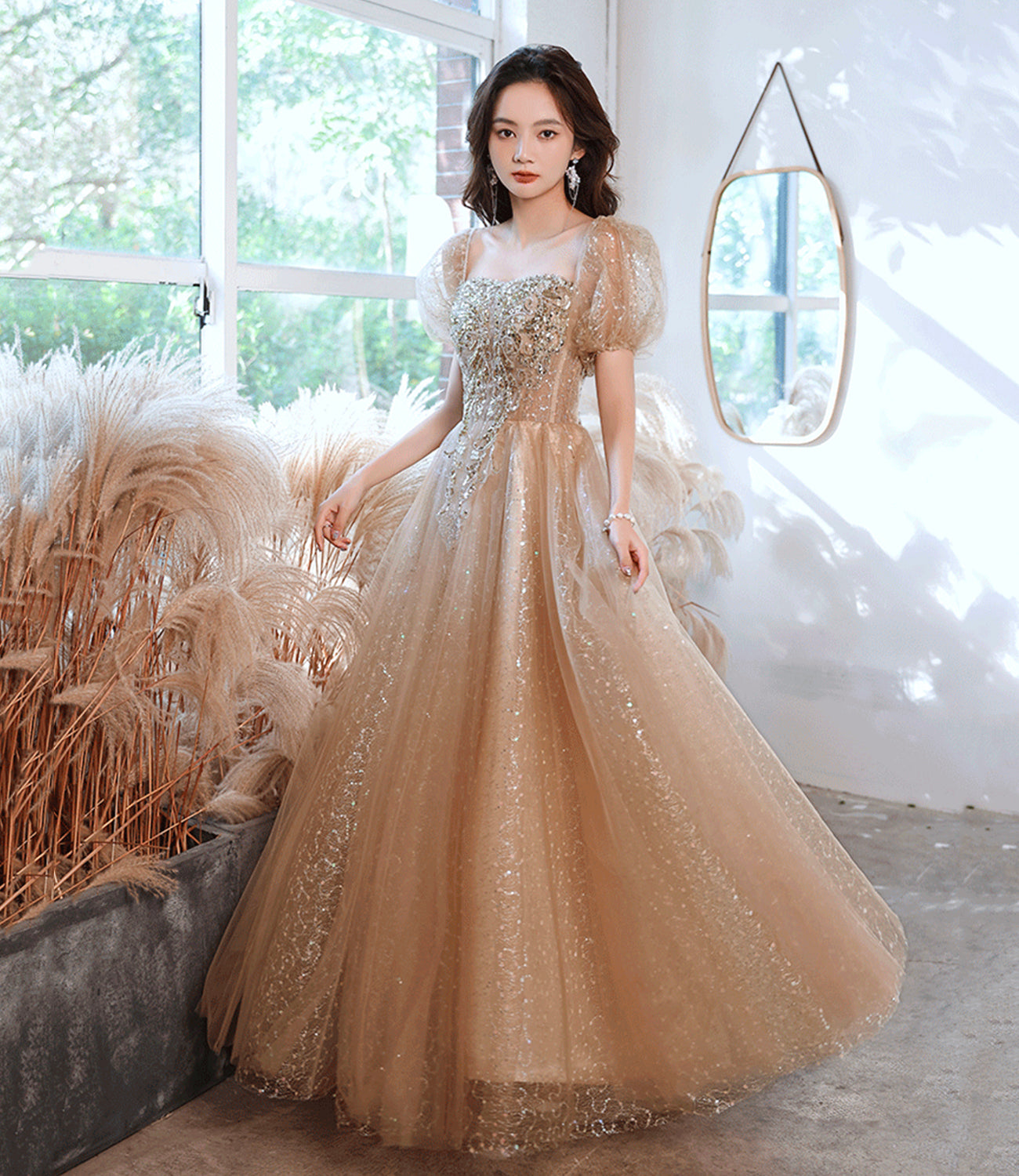Robe de soirée longue en tulle brillant à paillettes Robe de soirée trapèze 10389