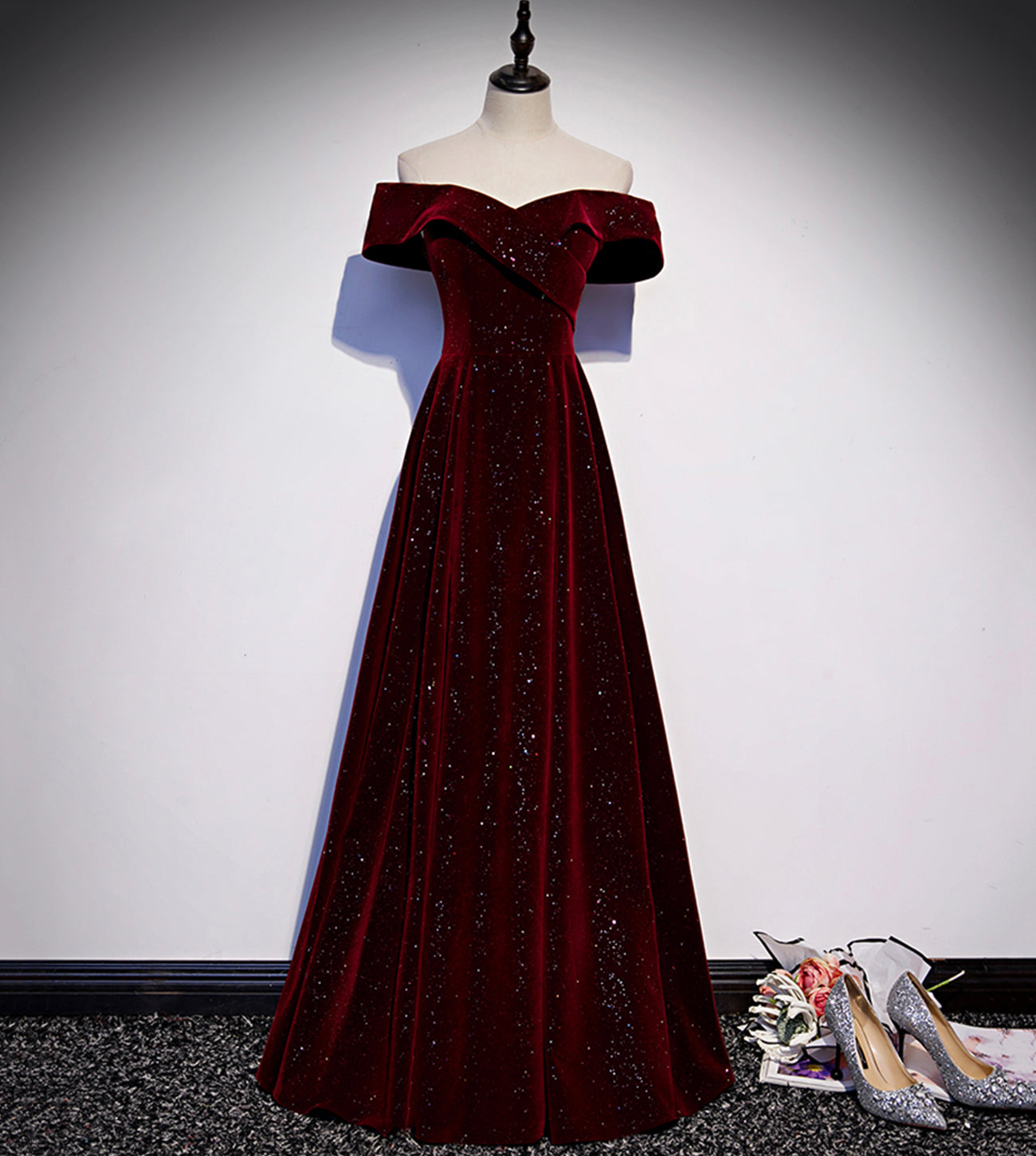 Burgundy Shiny Elegant Velvet Long A-Line Ball Gown Evening Dress 8560