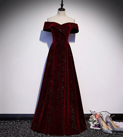 Burgundy Shiny Elegant Velvet Long A-Line Ball Gown Evening Dress 8560