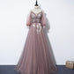 Cute v neck tulle long A line prom dress evening dress  8587