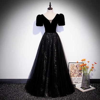 Langes Ballkleid aus schwarzem Samt-Tüll A-Linie Abendkleid 10106