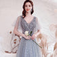 Gray tulle sequins long prom dress A line evening dress  10528