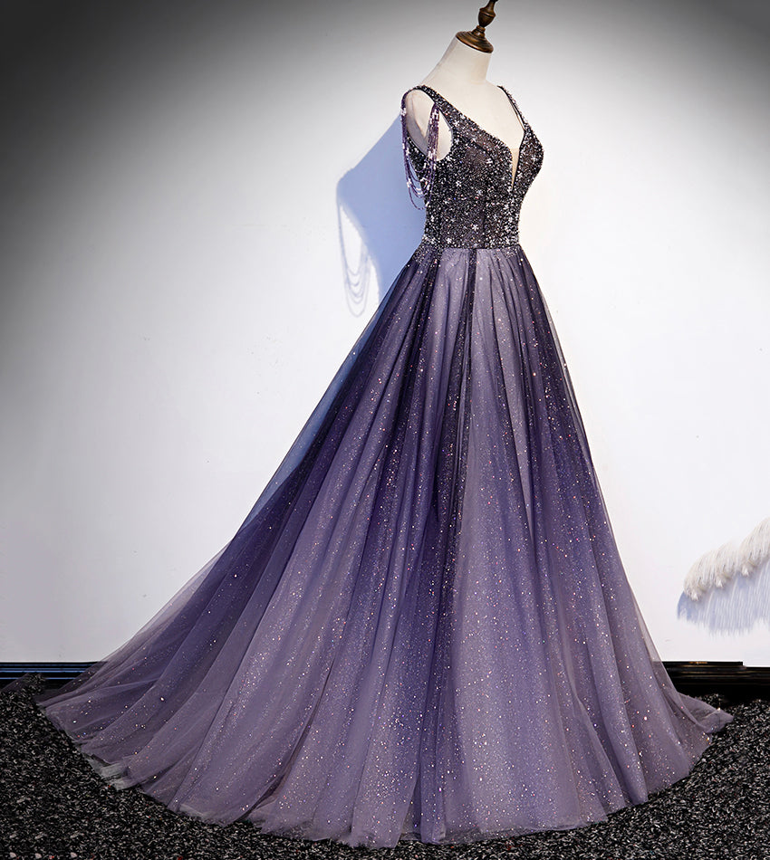 Lila V-Ausschnitt Tüll Perlen langes Ballkleid Abendkleid 8556