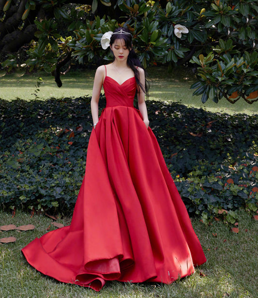 Langes Ballkleid aus rotem Satin Abendkleid in A-Linie 10567