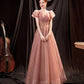Pink tulle sequins long prom dress pink evening dress  10650