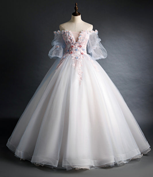 Cute tulle applique long prom gown A line evening gown  10260
