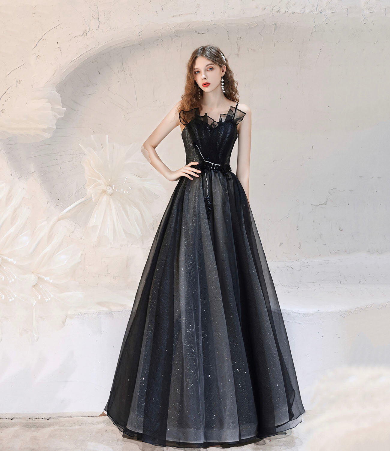 Robe de soirée longue en tulle noir Robe de soirée trapèze 10416