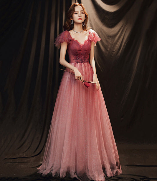 Burgundy tulle long prom dress A line evening gown  10256