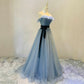 Blue tulle long prom dress blue evening dress  8607