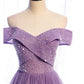 Lila Tüll Perlen lange A-Linie Ballkleid Abendkleid 8790