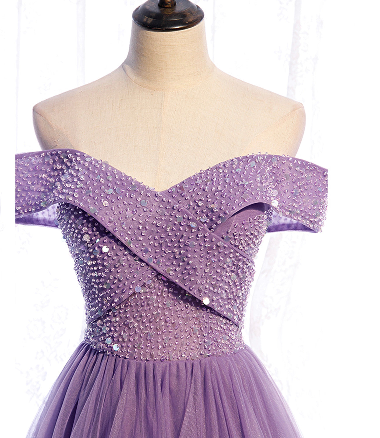 Lila Tüll Perlen lange A-Linie Ballkleid Abendkleid 8790
