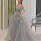 Gray tulle lace long prom dress A line evening gown  10131