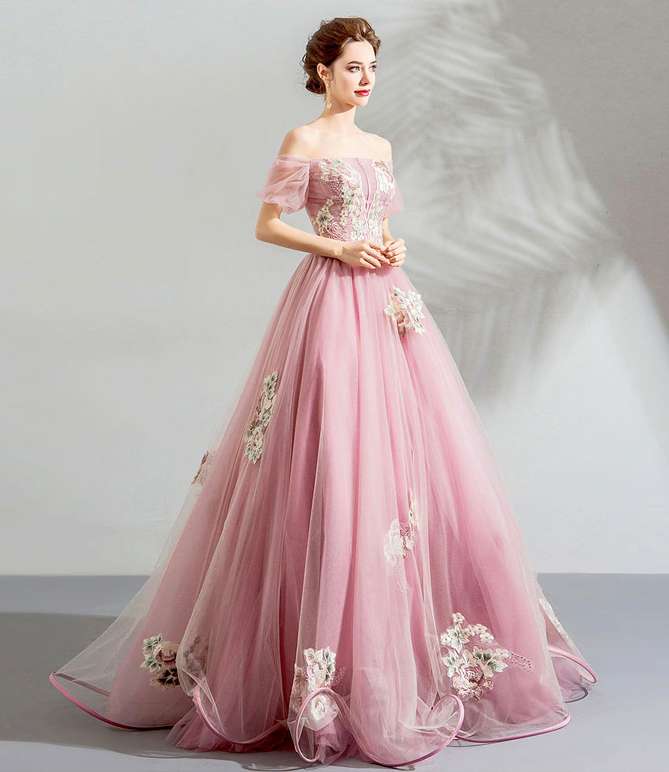 Rosa Tüll Spitze langes Ballkleid Abendkleid 10623