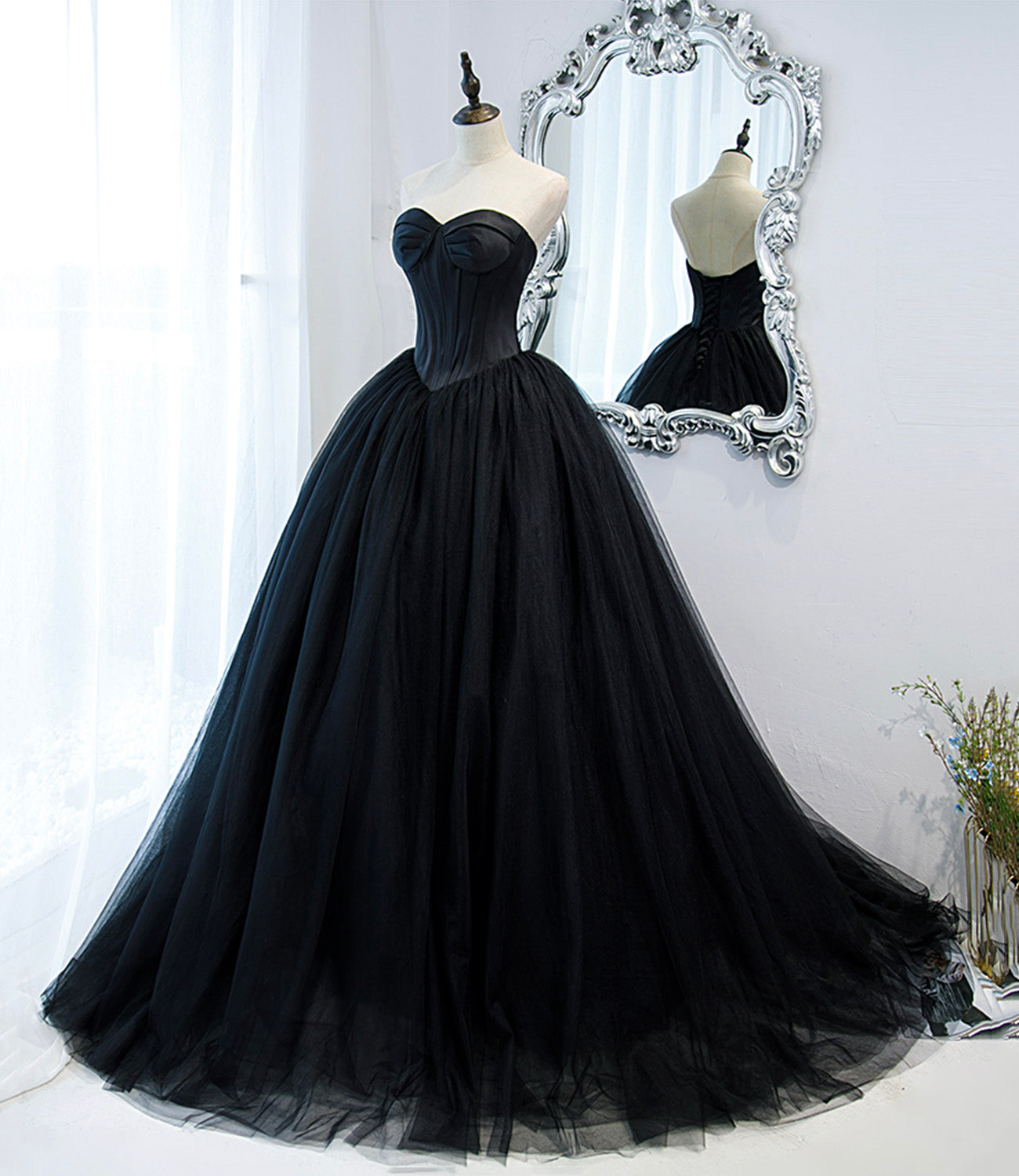 Robe de soirée longue en tulle noire élégante et stylée 10152