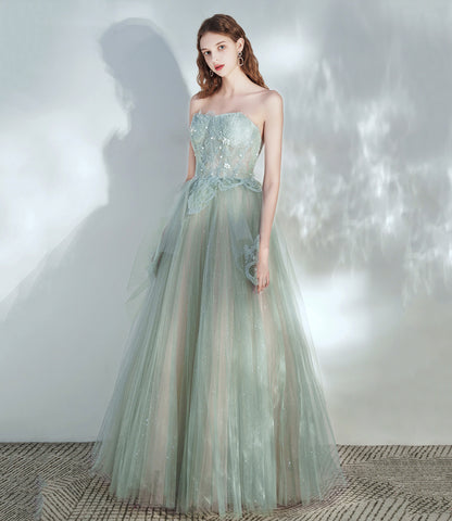 Robe de soirée longue en tulle vert et dentelle 10379