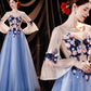 Blue tulle applique long prom dress blue evening dress  10534