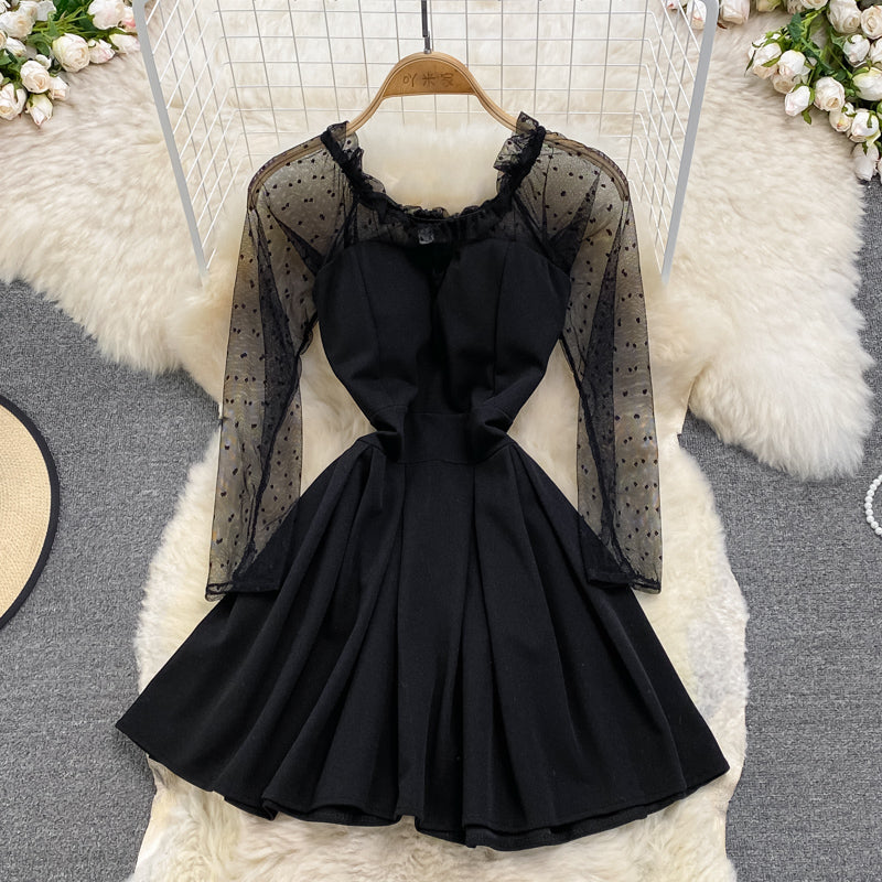 Black A Line Long Sleeve Short Dress Fashion Dress  10915