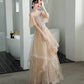 Robe de soirée longue en tulle et dentelle champagne Robe de soirée trapèze 10339
