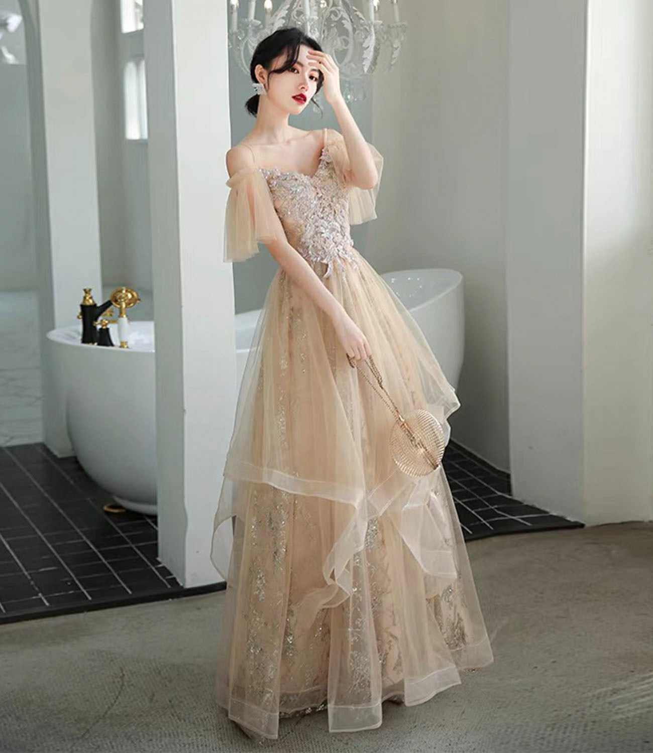Robe de soirée longue en tulle et dentelle champagne Robe de soirée trapèze 10339