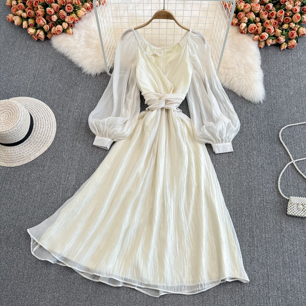 Champagner V-Ausschnitt Langarm Kleid A-Linie Fashion Dress 10683