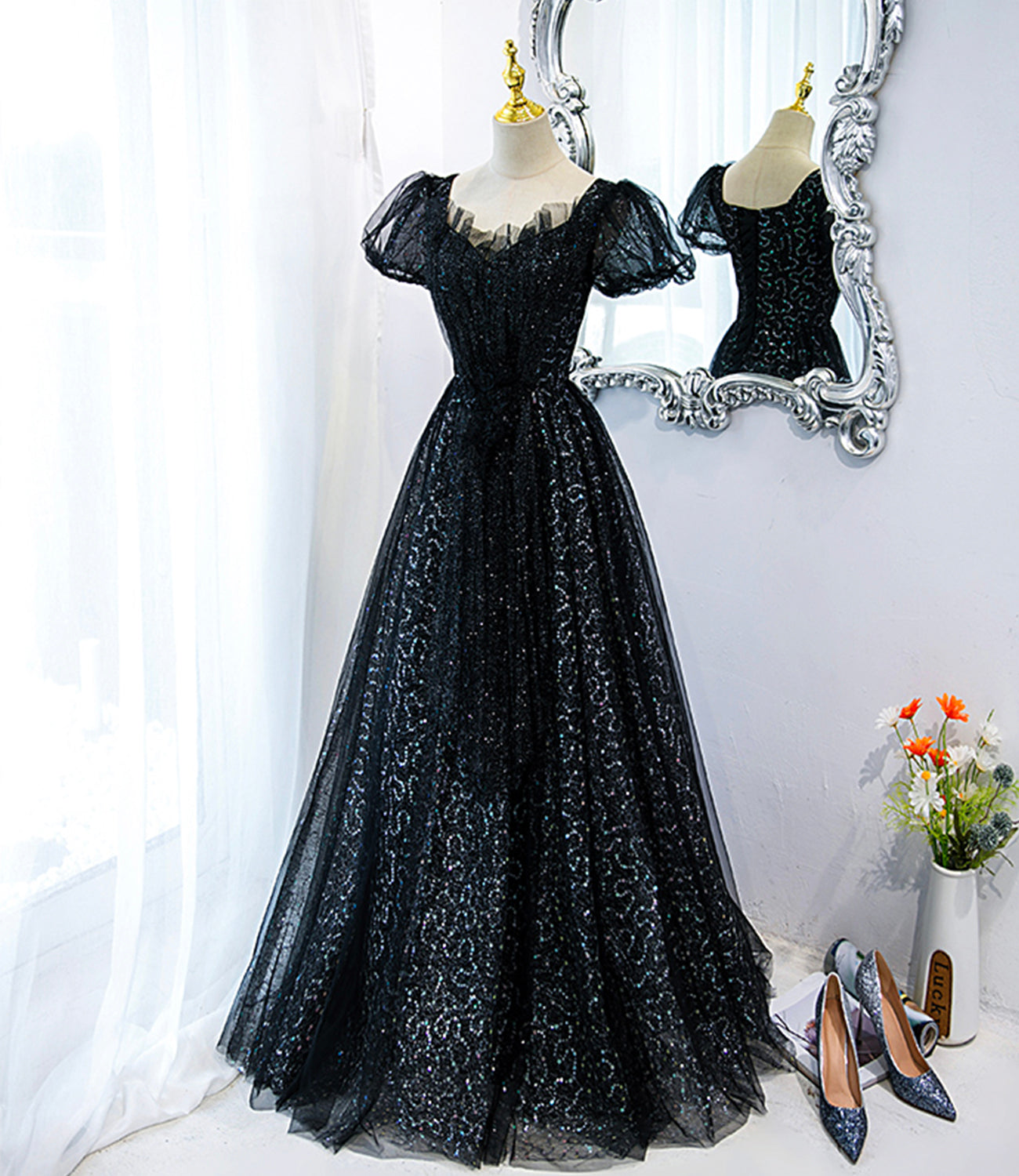 Schwarzes langes Ballkleid aus Tüll mit Pailletten Schwarzes Abendkleid 10467