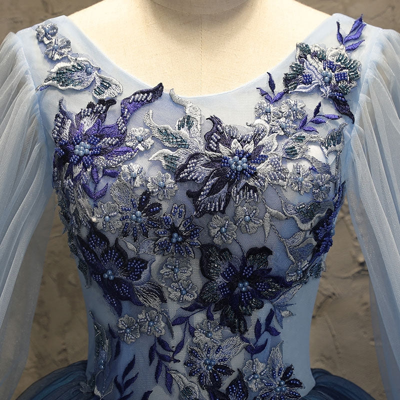 Robe longue de soirée en tulle bleu et dentelle 10091
