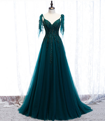 Wunderschönes, exquisites, mit Perlen besetztes, langes A-Linien-Ballkleid aus Tüll in Grün 10357